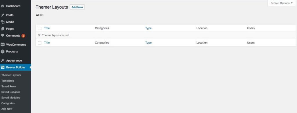 The Themer Layouts page in a WordPress Dashboard.