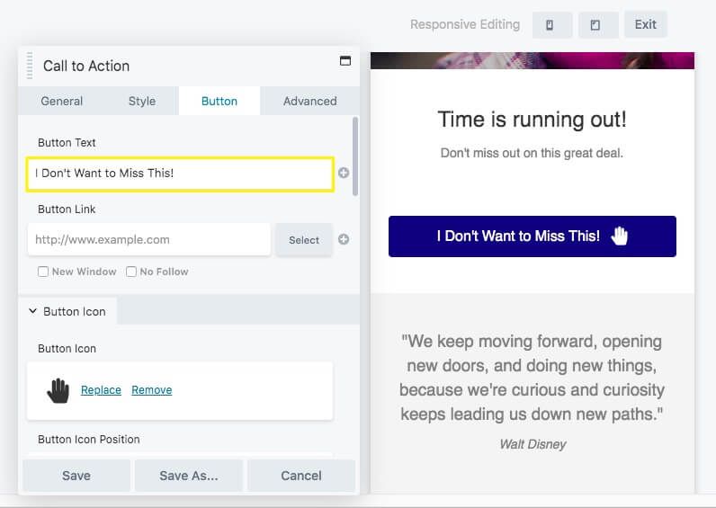 Changing the CTA button text.