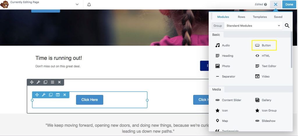 Adding buttons in the Beaver Builder editor.