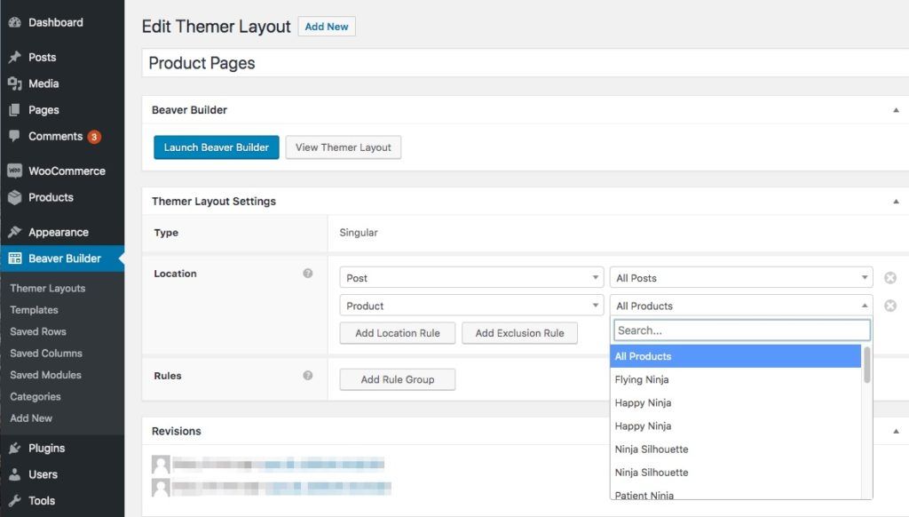 The Beaver Themer Layout editor showing a Location dropdown menu where you can apply your new layout to different site locations.