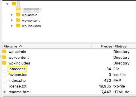 Screenshot highlighting the htaccess file in an FTP application.