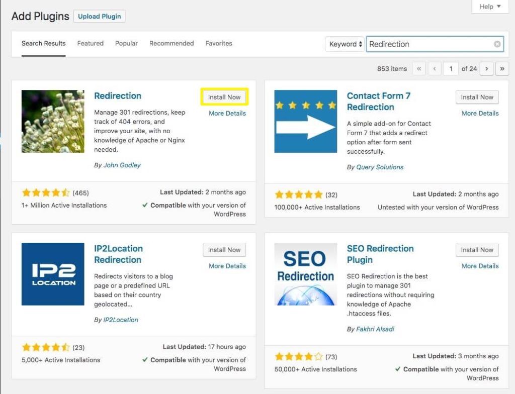 Screenshot of the WordPress plugin administration dashboard with the Redirection plugin Install Now button highlighted.