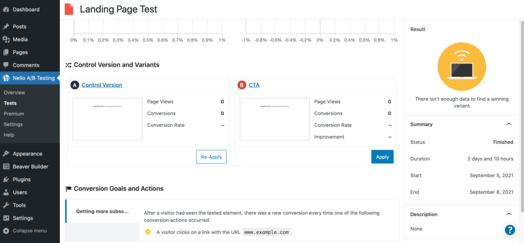 Control version and variants, as seen in the A/B testing plugin.