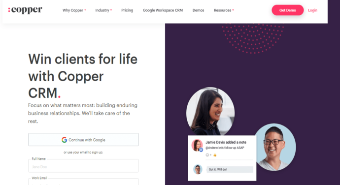 Copper CRM software homepage