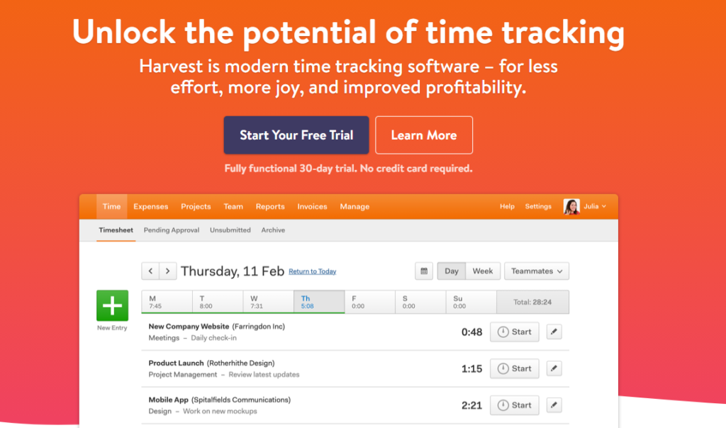 The Harvest homepage. This time-tracking app is one of the best tools for freelance web designers.