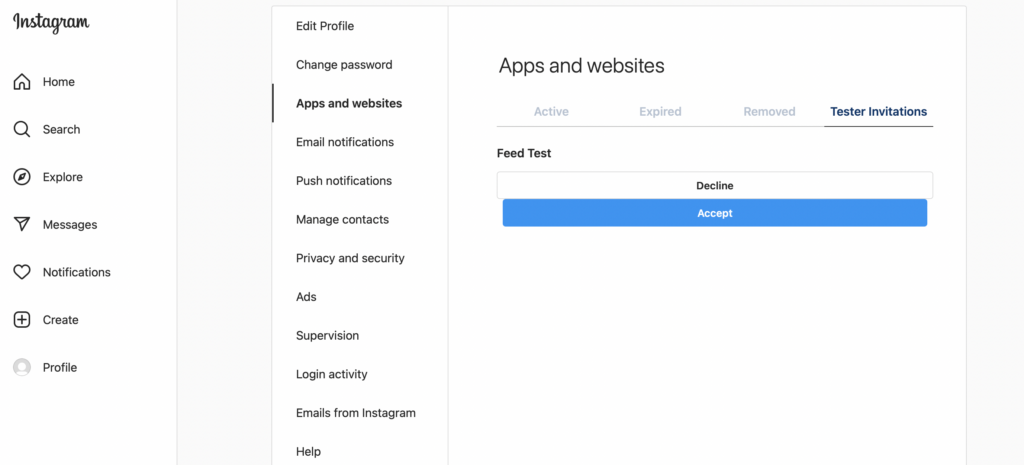 Accept a Tester invitation in Instagram