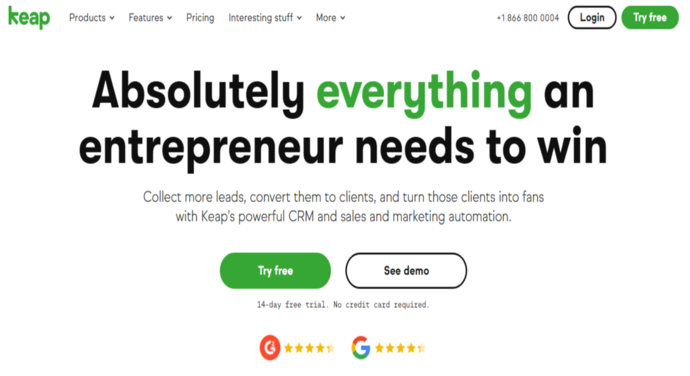 Keap CRM software homepage