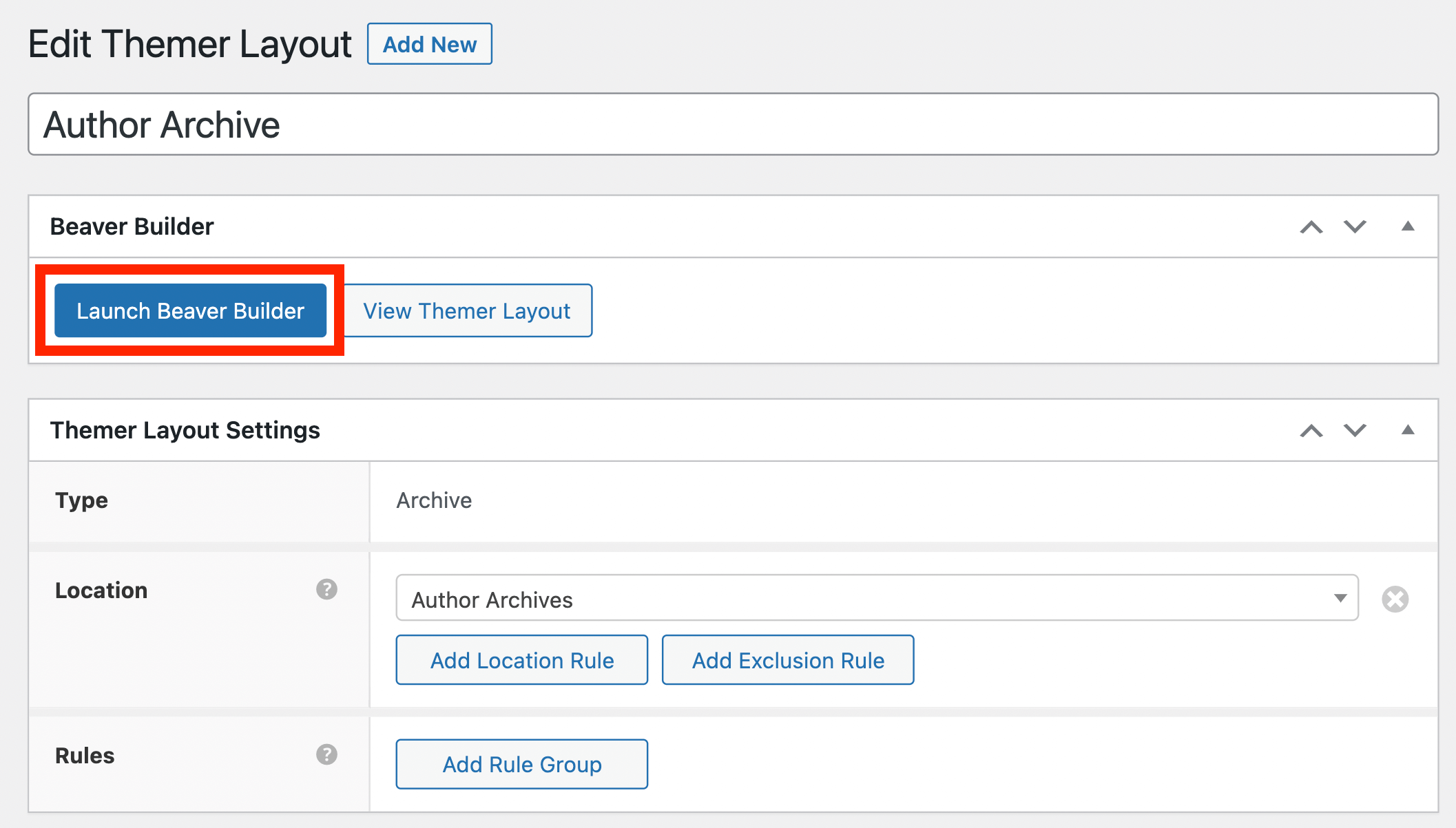 The Launch Beaver Builder button highlighted.