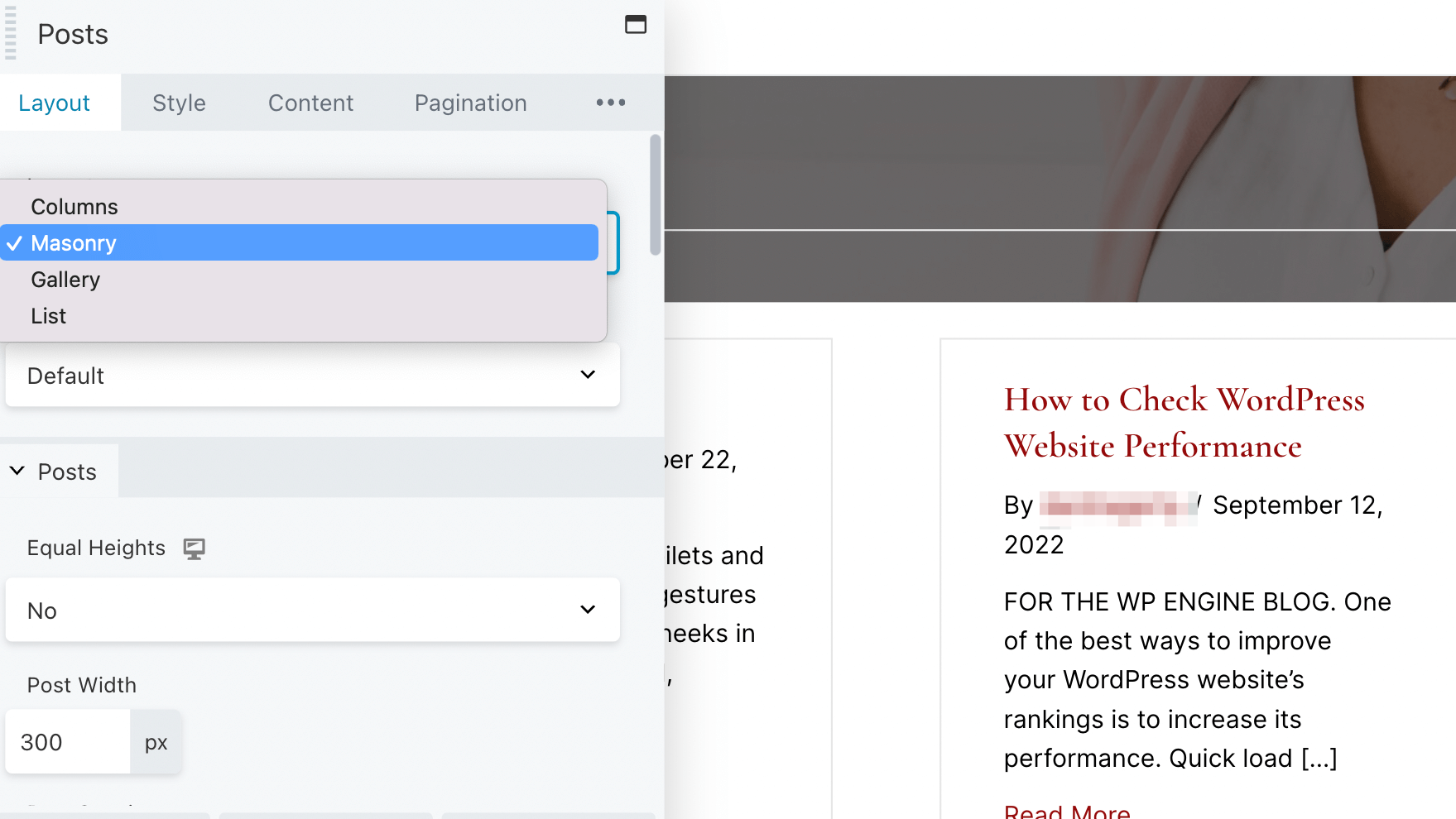 Choosing the Masonry option in Layout.
