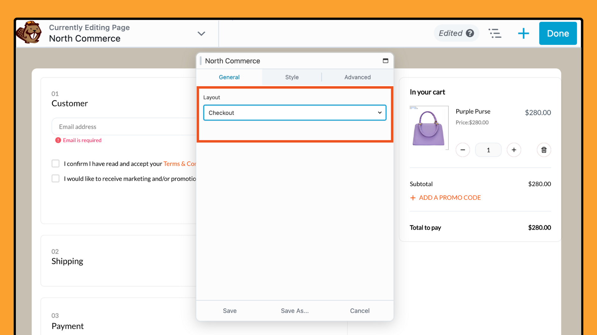North Commerce module Product Checkout layout