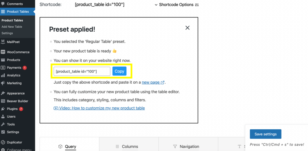Product Tables on WordPress dashboard.