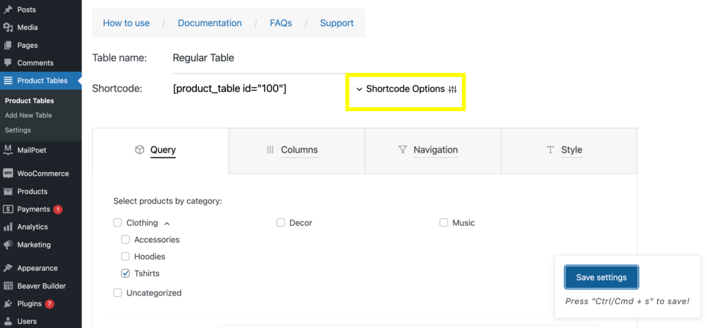 Shortcode options tab.