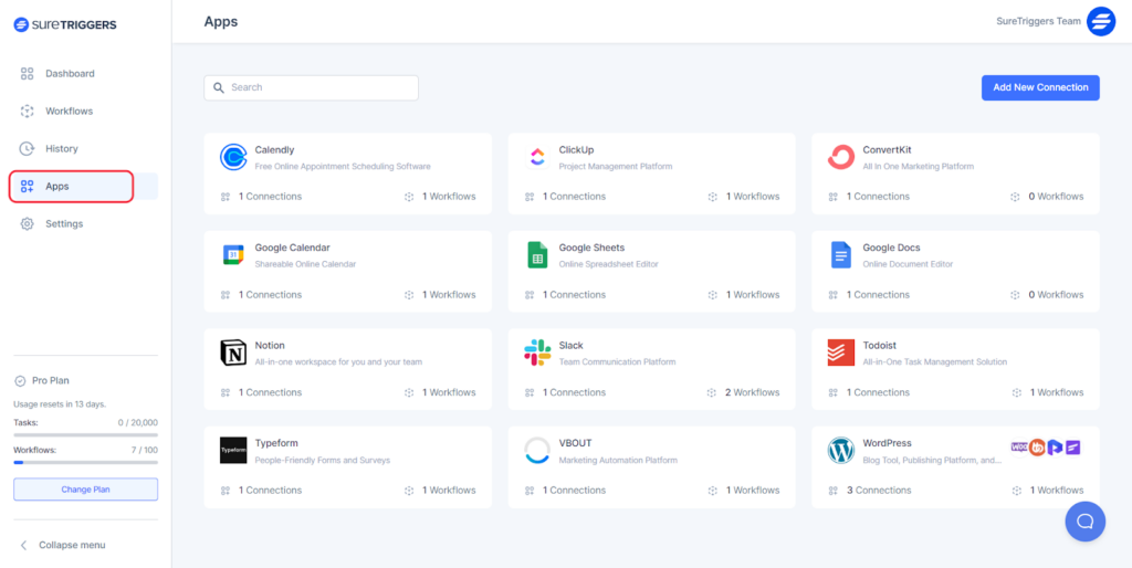 SureTriggers Apps screen