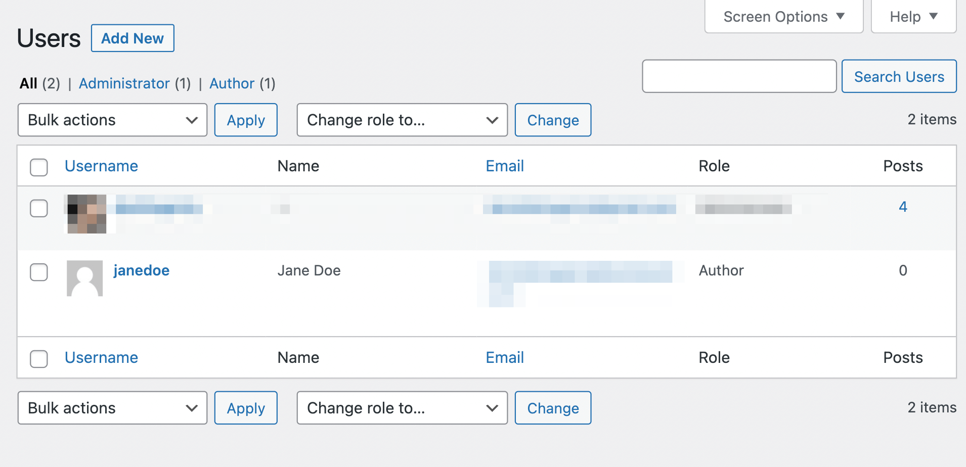 The Users page in WordPress.